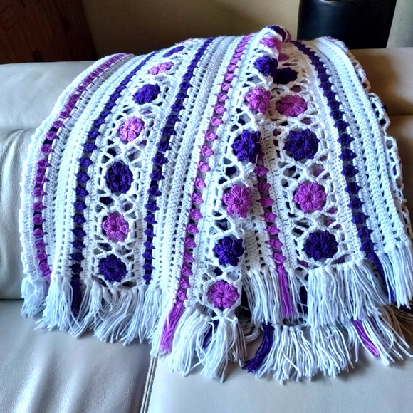 Hand Crocheted Blanket: Purple on White background:Size 105" x 68" approx - Picture 4 of 11